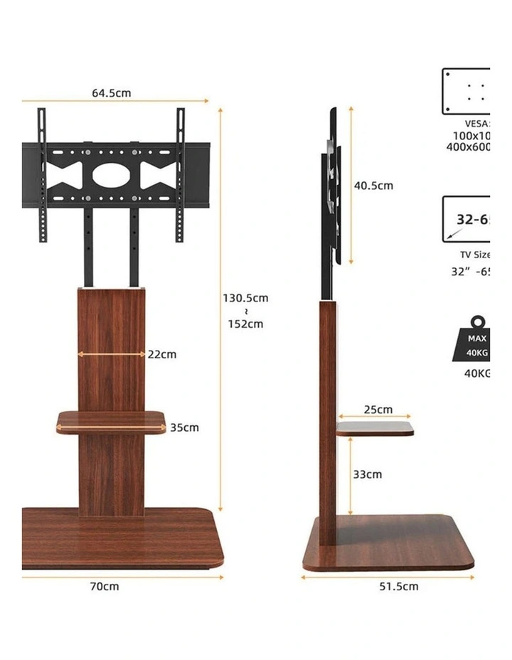 Brown 5-Level Adjustable Heavy Duty TV Floor Stand with Sturdy Bracket for Up to 65 TVs image 7