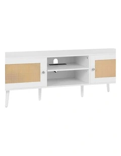 White Rattan TV Stand 65 Inch Entertainment Unit with Power Outlet Storage