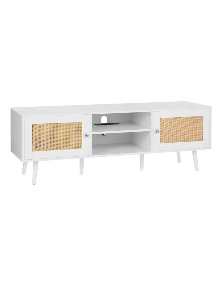 White Rattan TV Stand 65 Inch Entertainment Unit with Power Outlet Storage image 2