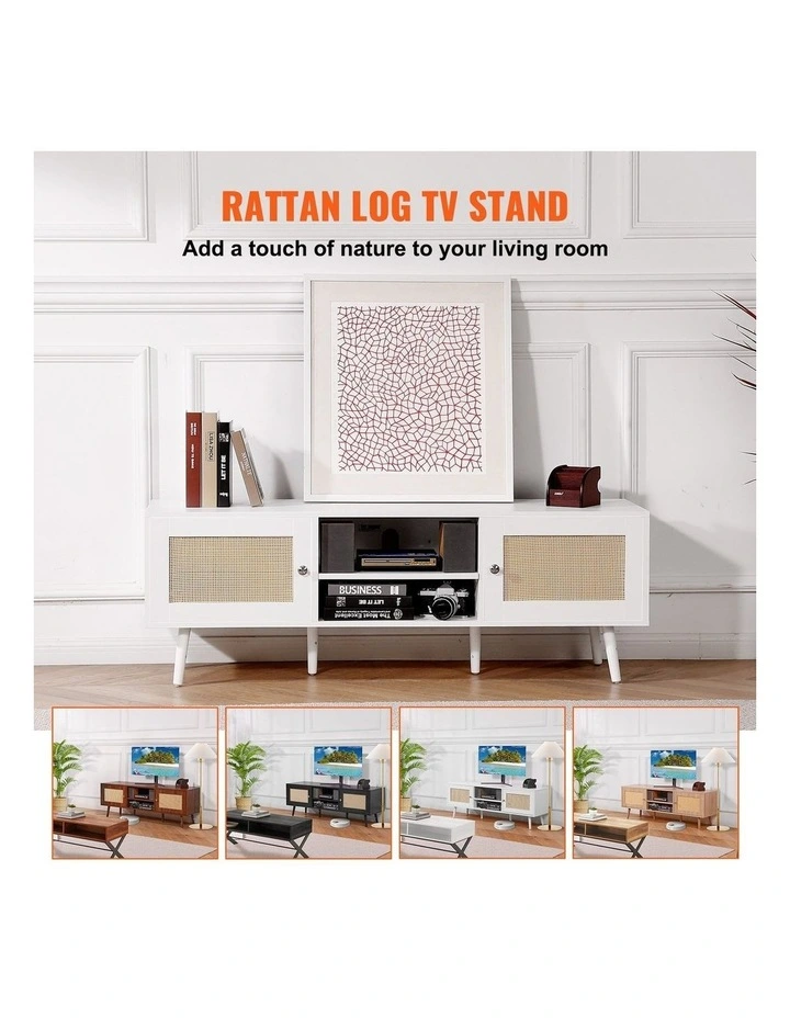White Rattan TV Stand 65 Inch Entertainment Unit with Power Outlet Storage image 3