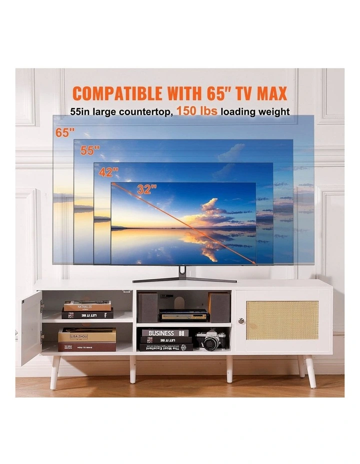 White Rattan TV Stand 65 Inch Entertainment Unit with Power Outlet Storage image 4