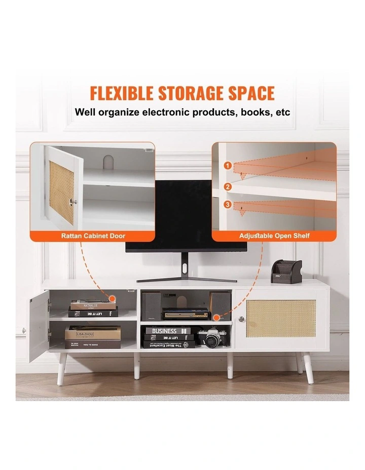 White Rattan TV Stand 65 Inch Entertainment Unit with Power Outlet Storage image 5