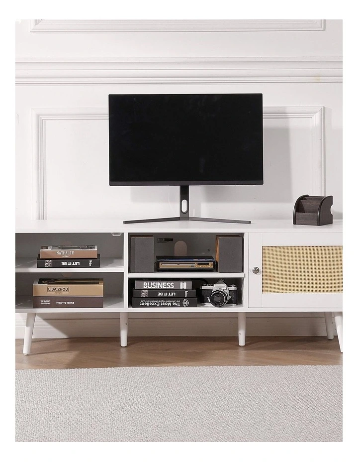White Rattan TV Stand 65 Inch Entertainment Unit with Power Outlet Storage image 6