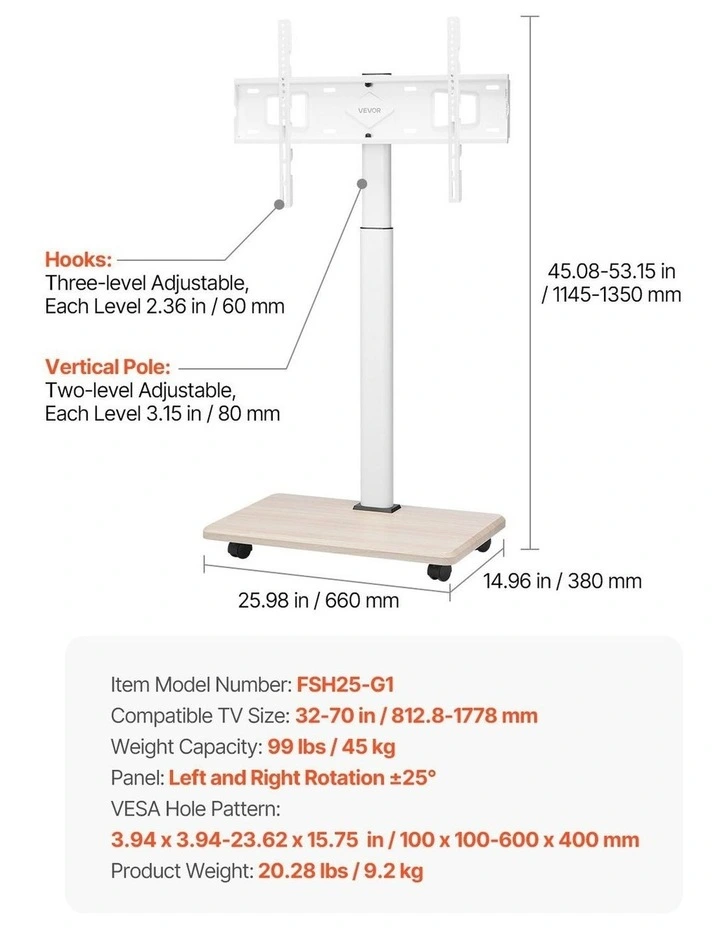 Rolling TV Stand 32 to 70 Inch Mobile TV Cart Adjustable Height Mount image 7
