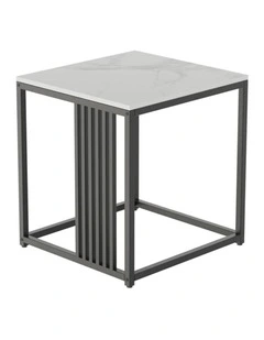 White Marble Pattern Square Marble-Top End Table With Black Metal Frame & Vertical Slat Accent