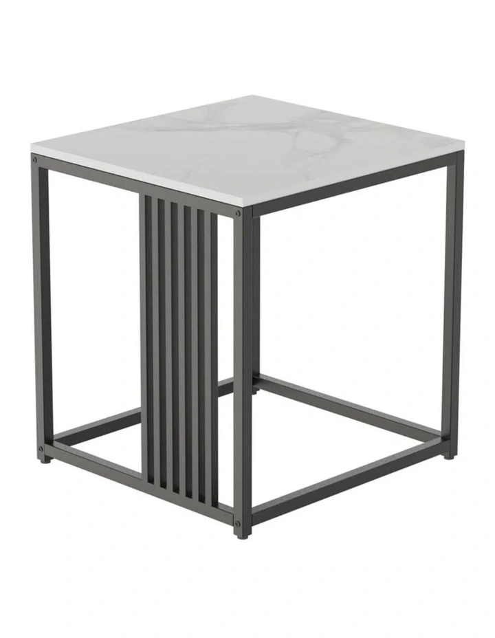 White Marble Pattern Square Marble-Top End Table With Black Metal Frame & Vertical Slat Accent image 1