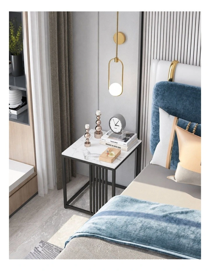 White Marble Pattern Square Marble-Top End Table With Black Metal Frame & Vertical Slat Accent image 3