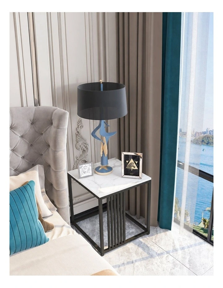White Marble Pattern Square Marble-Top End Table With Black Metal Frame & Vertical Slat Accent image 4