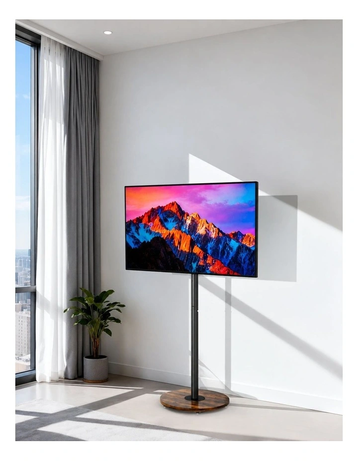 Black Walnut Tv Stand Floor Mount With Wheels Adjustable Height Display Unit image 4