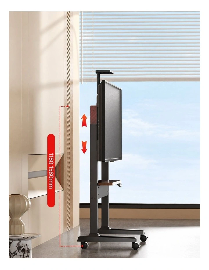 Black Electric Height Adjustable TV Stand With Storage Shelves Motorized Lift And Lockable Wheels image 4