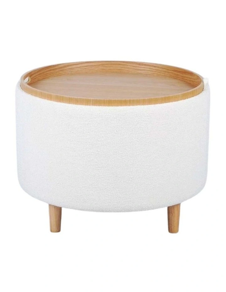 White Boucle Storage Table With Tray Modern Accent Side Table Unit image 1