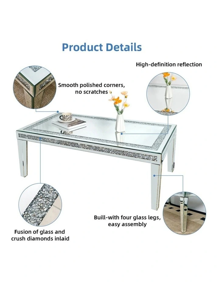 Silver Mirrored Diamond Inlay Coffee Table, Rectangular image 6