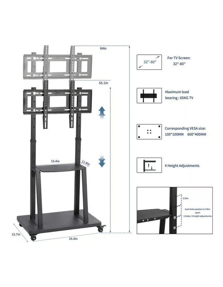 Heavy Duty Rolling TV Stand with Adjustable Height, Shelves and Lockable Wheels for 32-80 image 5