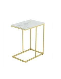 Gold Frame Gold C-Shaped Sofa End Table With Rectangular White Marble Top