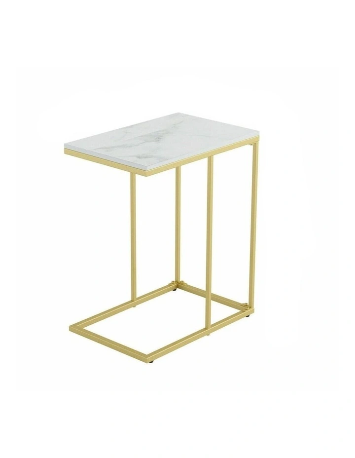Gold Frame Gold C-Shaped Sofa End Table With Rectangular White Marble Top image 1