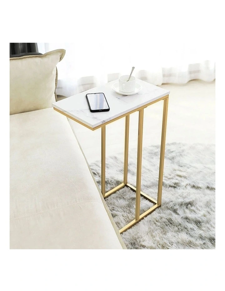 Gold Frame Gold C-Shaped Sofa End Table With Rectangular White Marble Top image 2