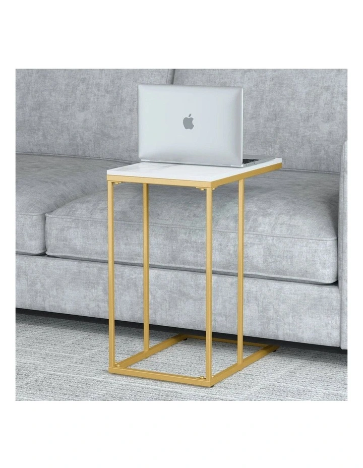 Gold Frame Gold C-Shaped Sofa End Table With Rectangular White Marble Top image 4