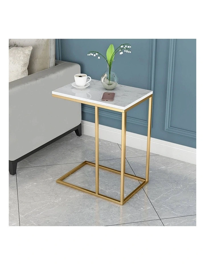 Gold Frame Gold C-Shaped Sofa End Table With Rectangular White Marble Top image 5