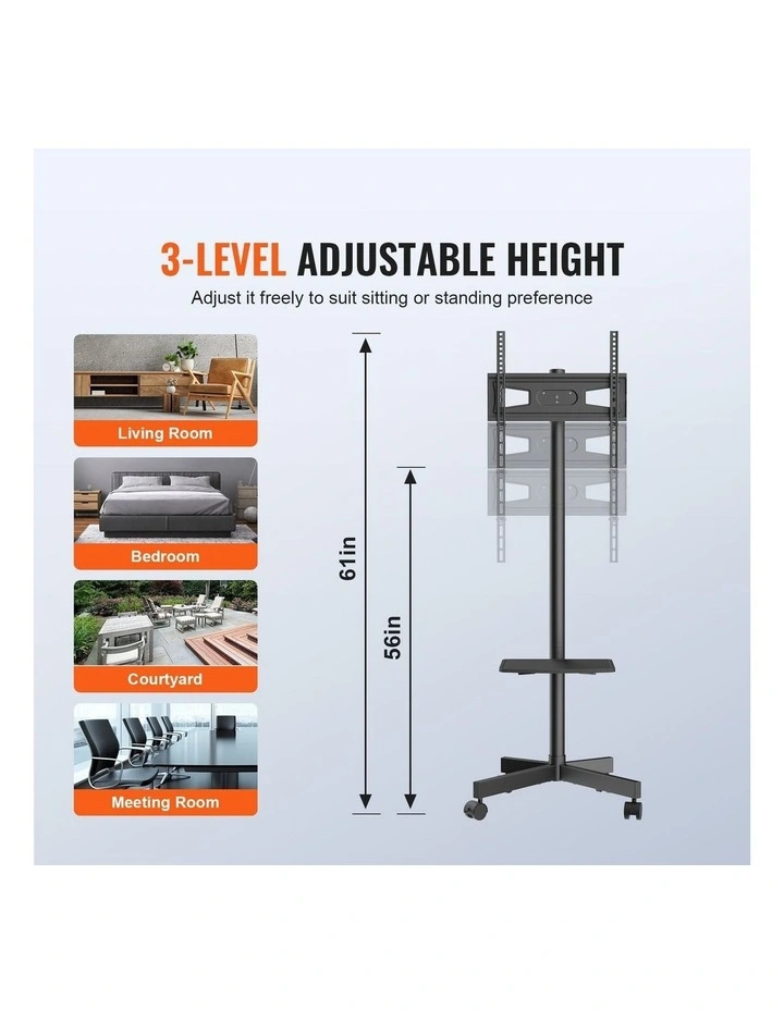 Black Rolling TV Stand 23-60 Inch Adjustable Mobile TV Cart Mount image 4