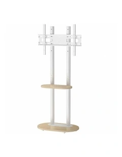 White And Natural Wood Freestanding TV Stand With Adjustable Height And Concealed Wheels
