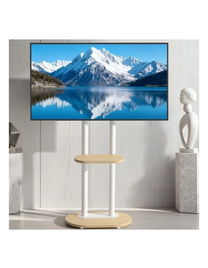 White And Natural Wood Freestanding TV Stand With Adjustable Height And Concealed Wheels image 2