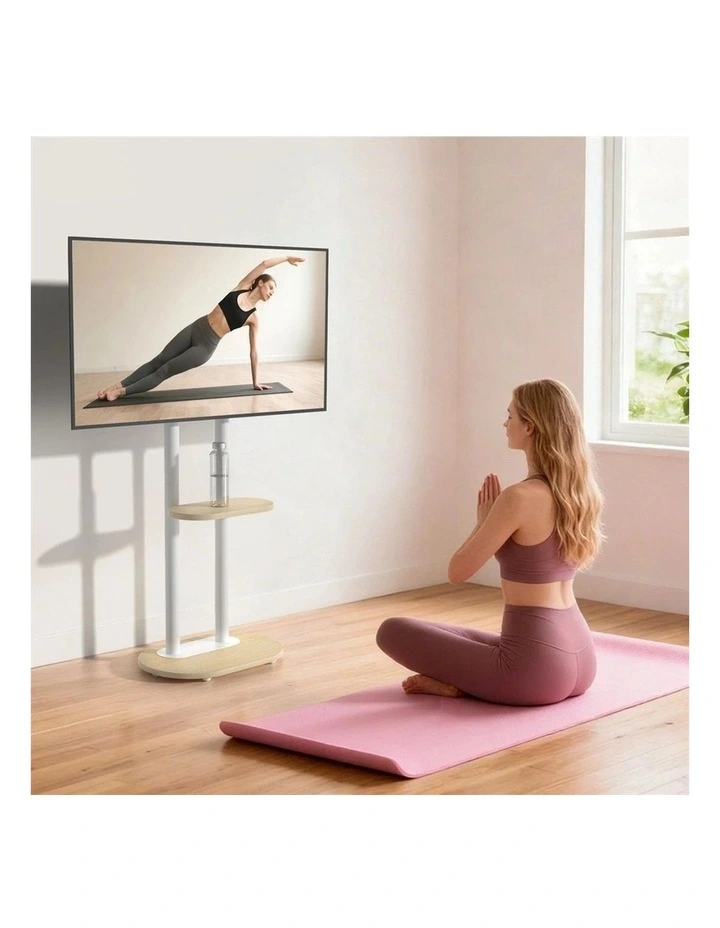 White And Natural Wood Freestanding TV Stand With Adjustable Height And Concealed Wheels image 4