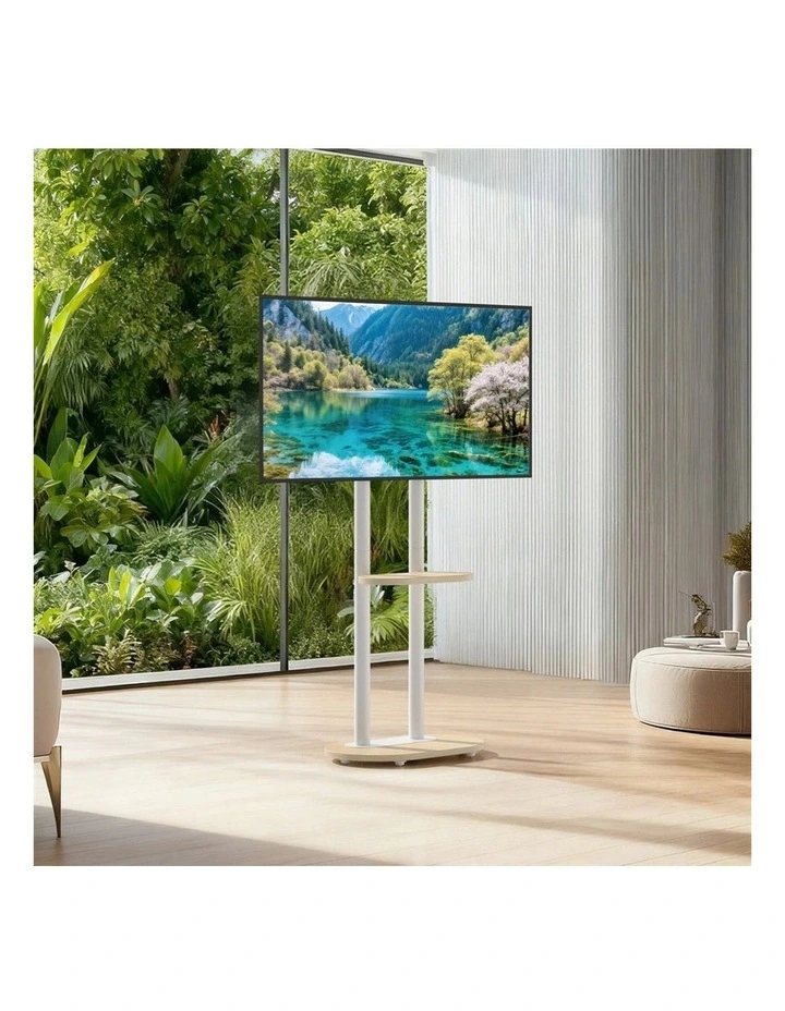 White And Natural Wood Freestanding TV Stand With Adjustable Height And Concealed Wheels image 5