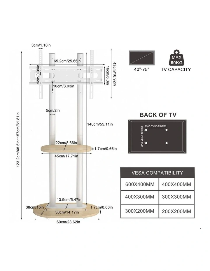 White And Natural Wood Freestanding TV Stand With Adjustable Height And Concealed Wheels image 6