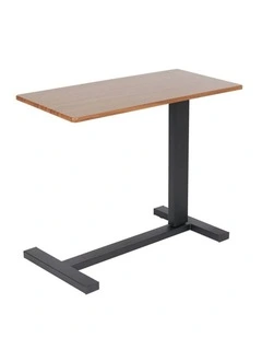 Brown Medical Adjustable Overbed Table With Wood Top And Black Metal Base