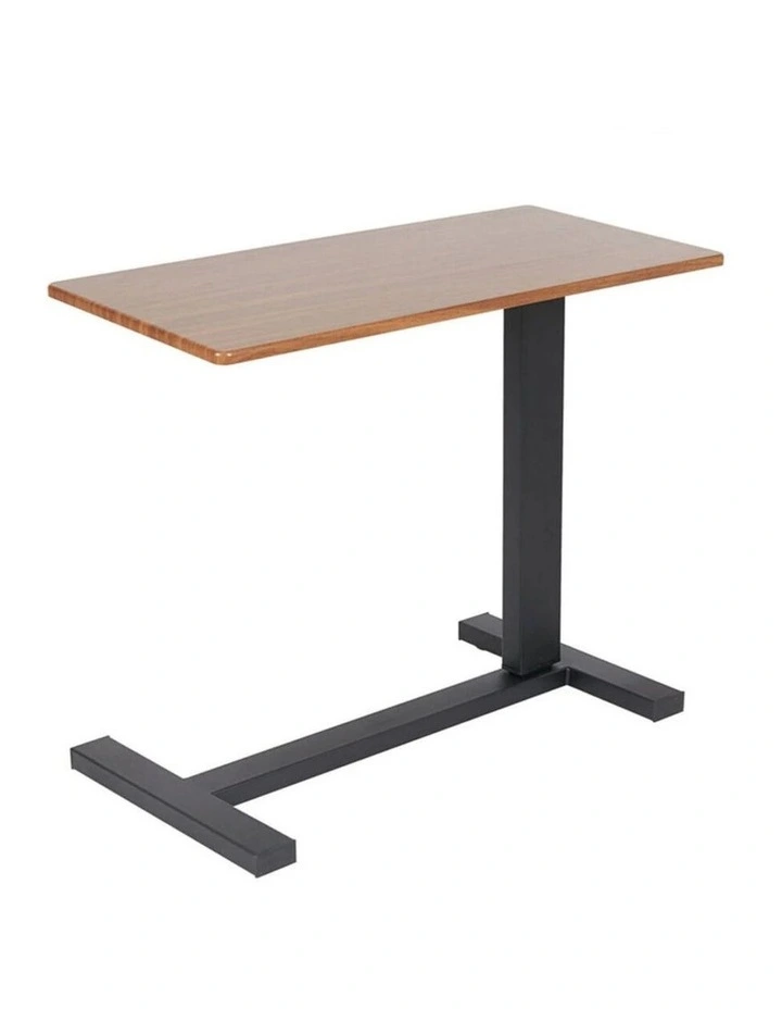 Brown Medical Adjustable Overbed Table With Wood Top And Black Metal Base image 1