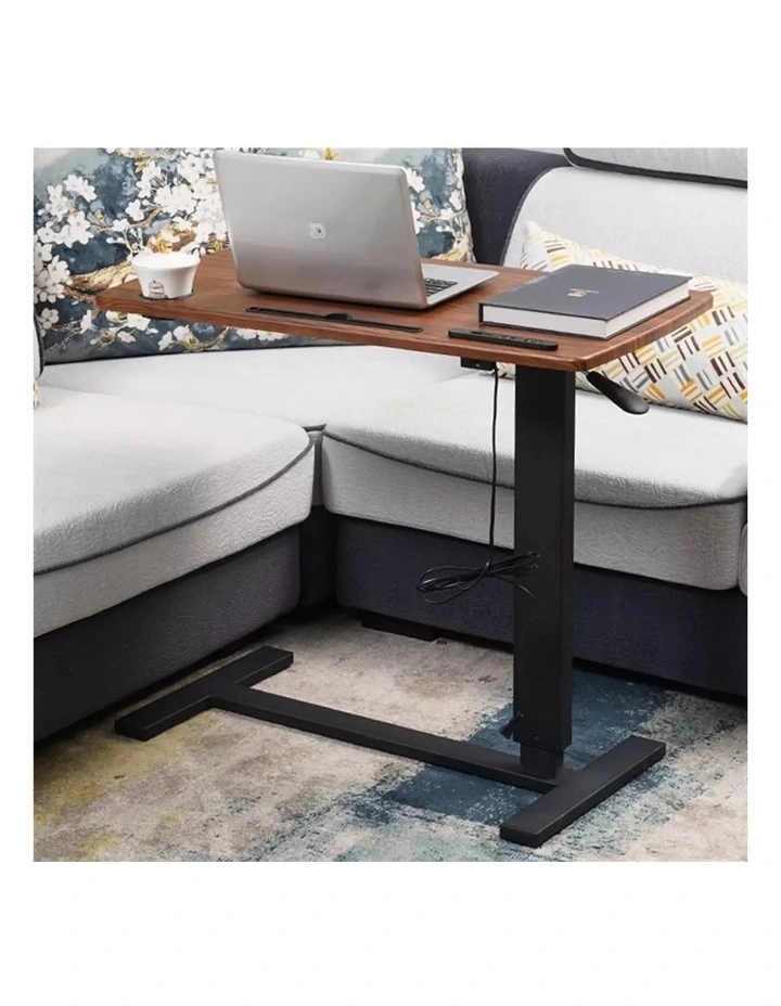 Brown Medical Adjustable Overbed Table With Wood Top And Black Metal Base image 2