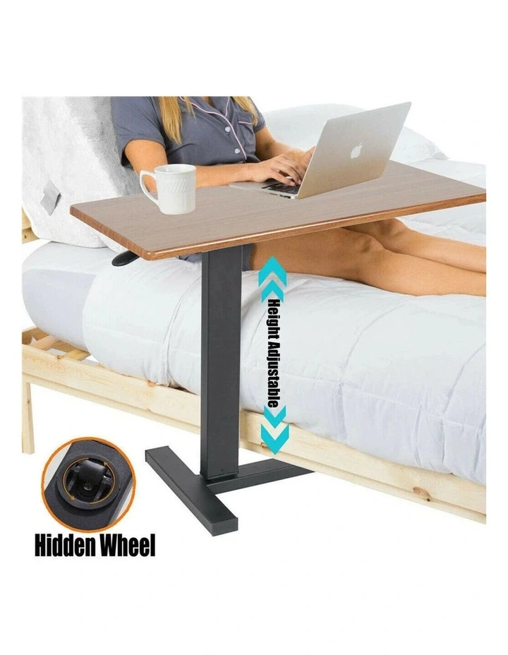 Brown Medical Adjustable Overbed Table With Wood Top And Black Metal Base image 6