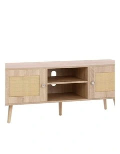 Oak Rattan TV Stand 55 Inch Boho Entertainment Unit Storage Cabinet