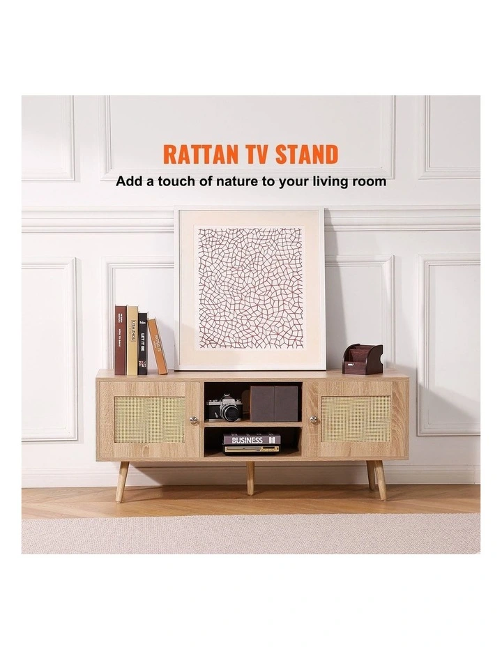 Oak Rattan TV Stand 55 Inch Boho Entertainment Unit Storage Cabinet image 3