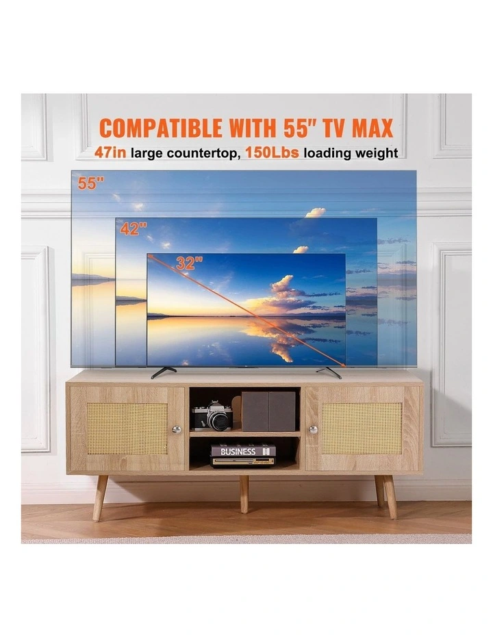 Oak Rattan TV Stand 55 Inch Boho Entertainment Unit Storage Cabinet image 4