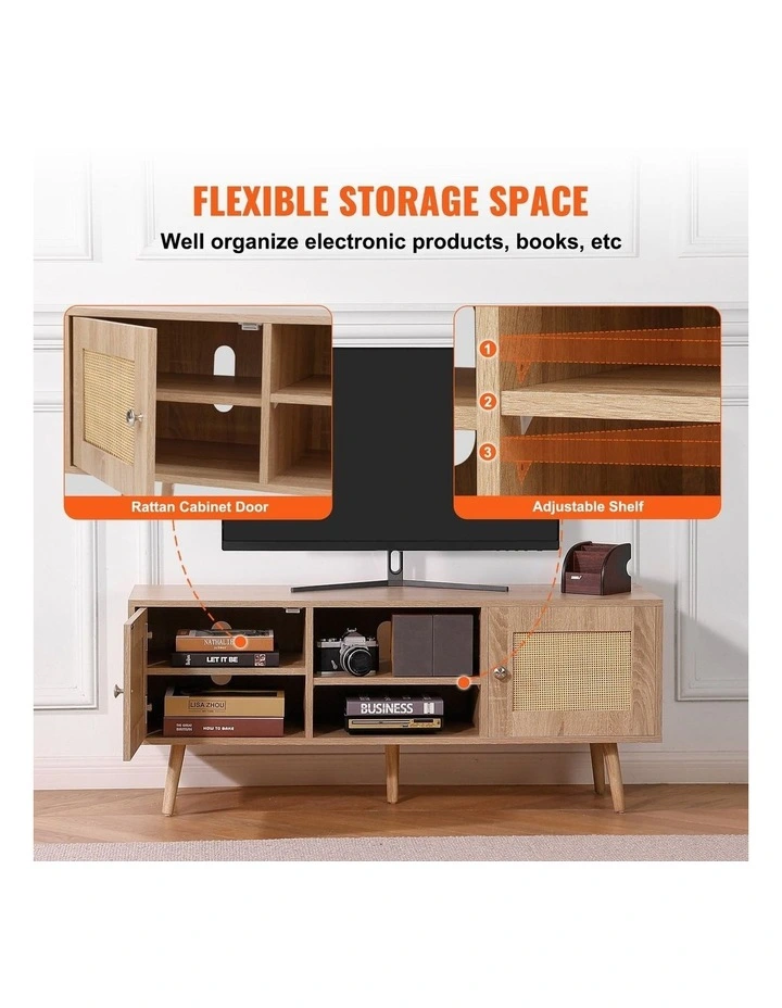 Oak Rattan TV Stand 55 Inch Boho Entertainment Unit Storage Cabinet image 5