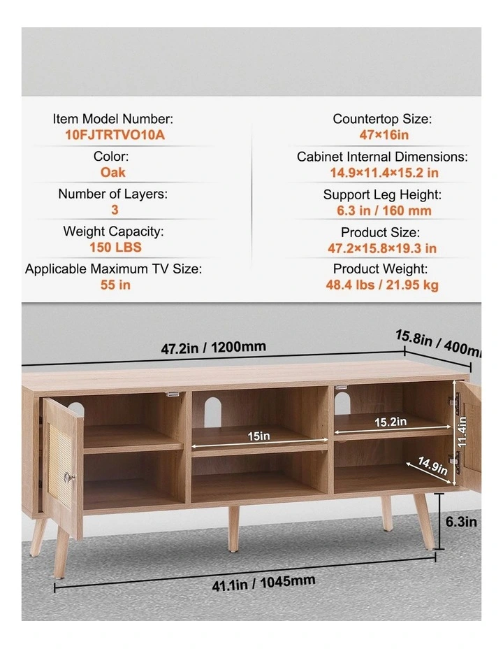 Oak Rattan TV Stand 55 Inch Boho Entertainment Unit Storage Cabinet image 6