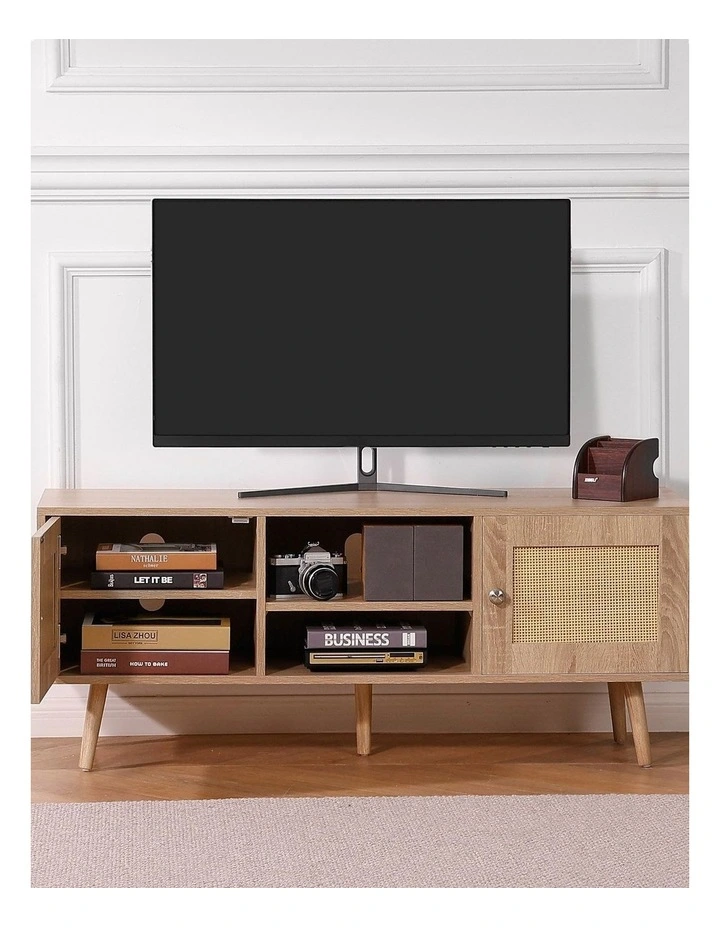 Oak Rattan TV Stand 55 Inch Boho Entertainment Unit Storage Cabinet image 7