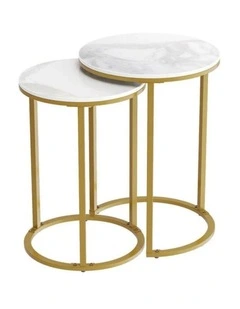 White Set Of 2 Round Nesting Side Tables With Marble Tops & Gold Metal Frames