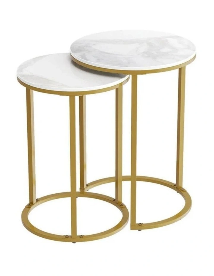 White Set Of 2 Round Nesting Side Tables With Marble Tops & Gold Metal Frames image 1
