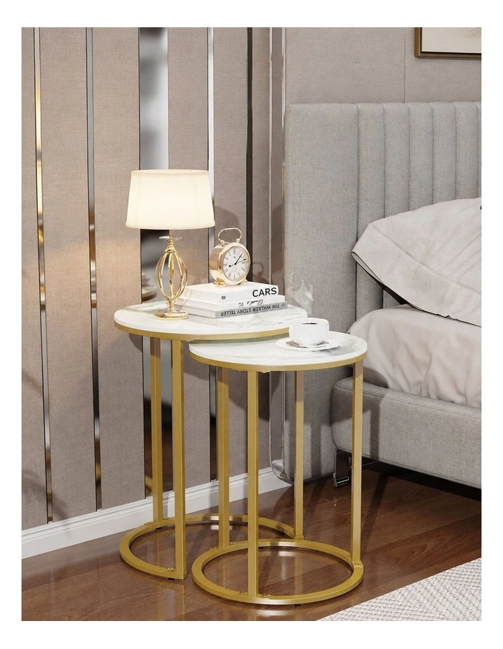 White Set Of 2 Round Nesting Side Tables With Marble Tops & Gold Metal Frames image 2