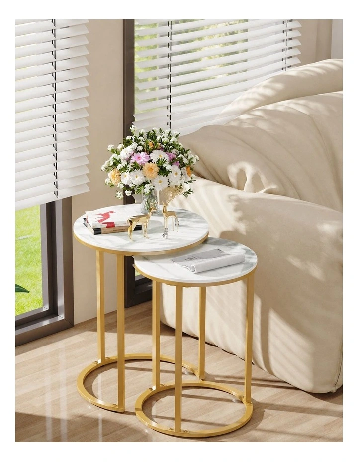 White Set Of 2 Round Nesting Side Tables With Marble Tops & Gold Metal Frames image 4