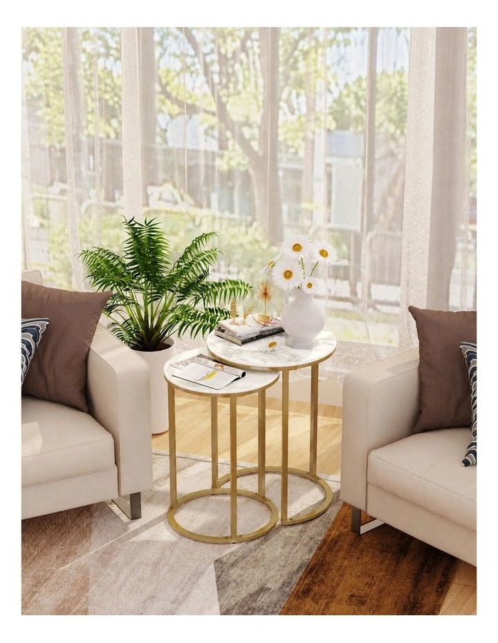 White Set Of 2 Round Nesting Side Tables With Marble Tops & Gold Metal Frames image 5