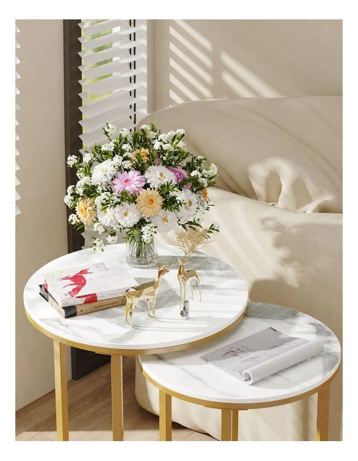 White Set Of 2 Round Nesting Side Tables With Marble Tops & Gold Metal Frames image 6