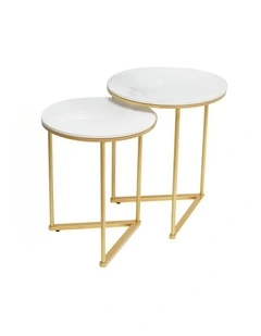 Gold Frame Set Of 2 Gold Nesting End Tables With Round White Marble Tops & Geometric Bases