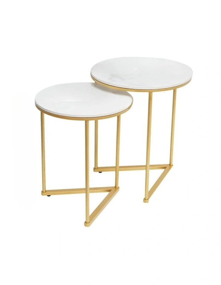 Gold Frame Set Of 2 Gold Nesting End Tables With Round White Marble Tops & Geometric Bases image 1
