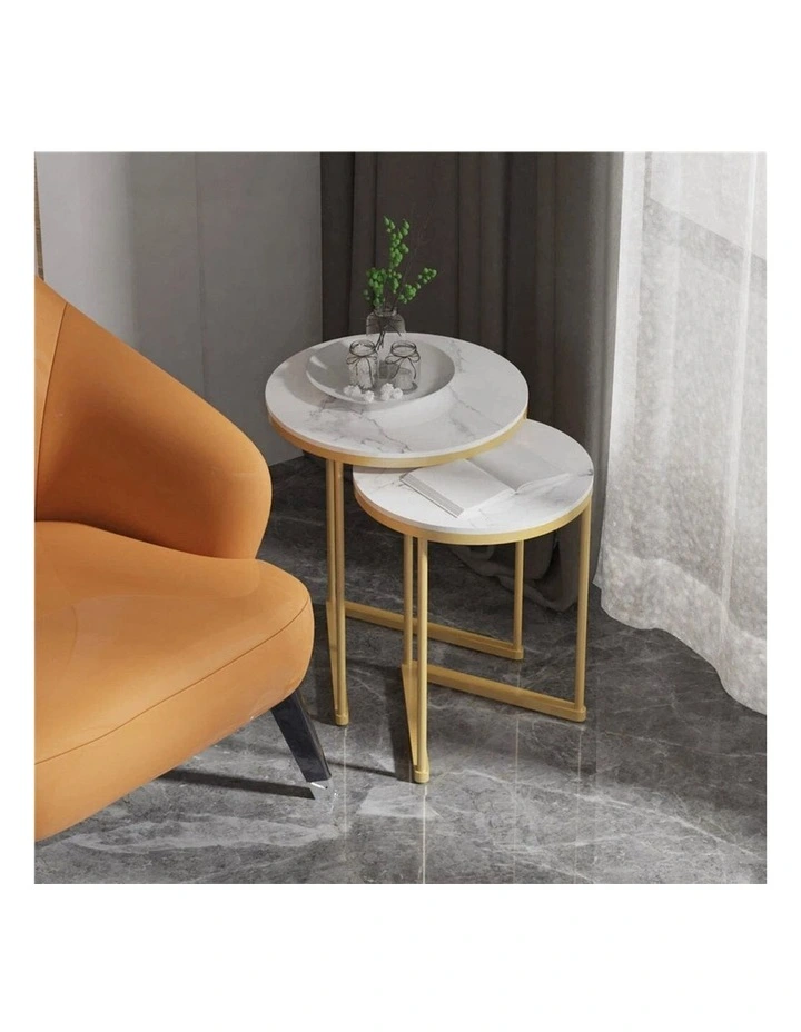 Gold Frame Set Of 2 Gold Nesting End Tables With Round White Marble Tops & Geometric Bases image 2