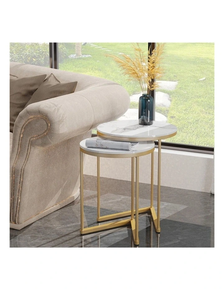 Gold Frame Set Of 2 Gold Nesting End Tables With Round White Marble Tops & Geometric Bases image 4
