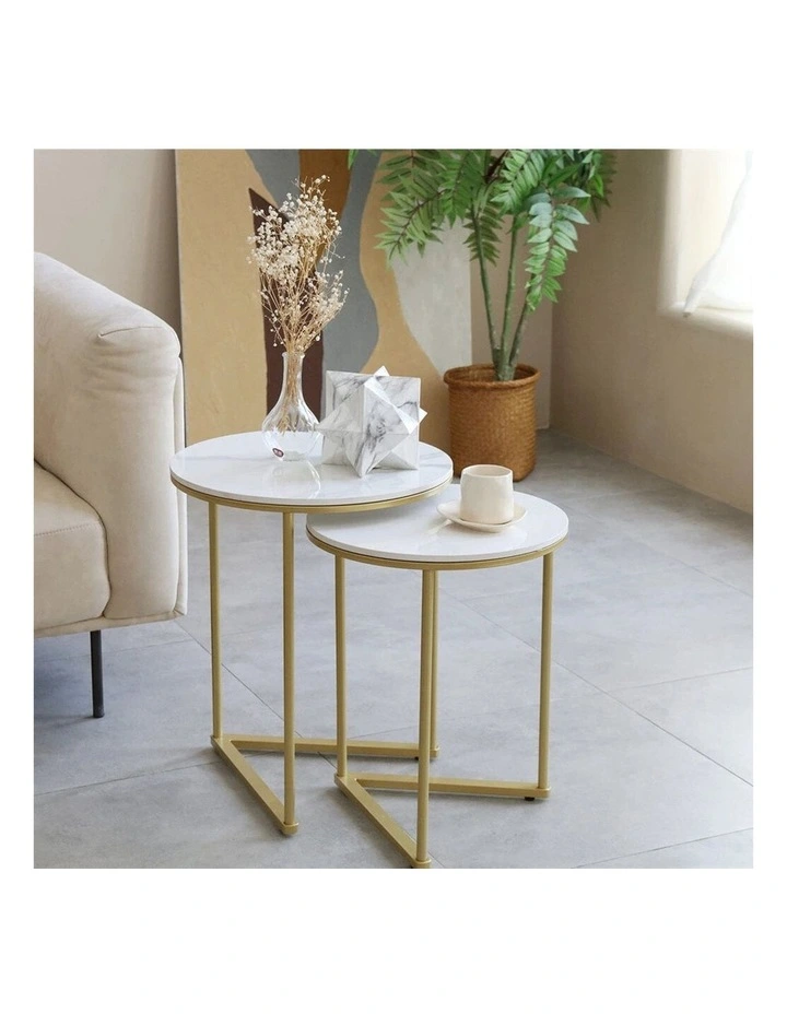 Gold Frame Set Of 2 Gold Nesting End Tables With Round White Marble Tops & Geometric Bases image 5