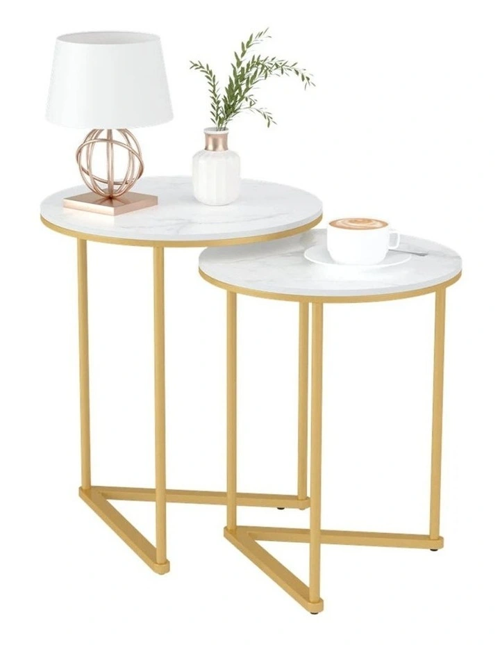 Gold Frame Set Of 2 Gold Nesting End Tables With Round White Marble Tops & Geometric Bases image 6
